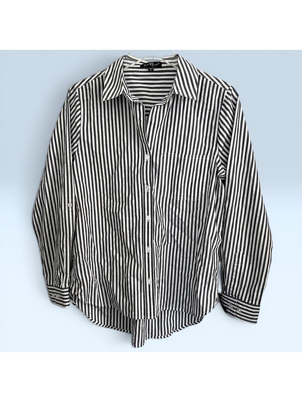 Velvet Heart Striped Button Down Shirt Small S Blue White Roll Tab Long Sleeve